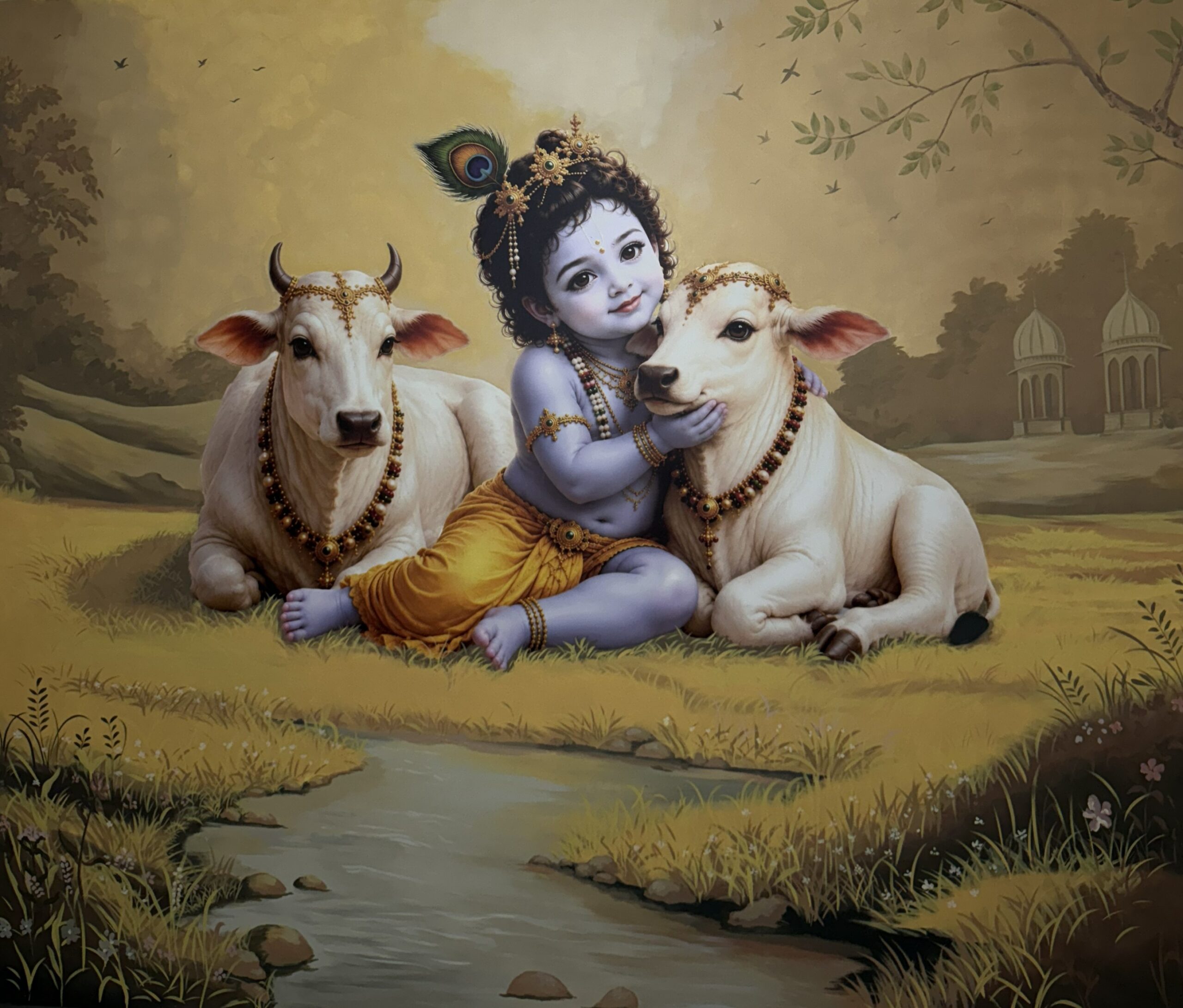 Small Krishna sitting with Cow & Calf